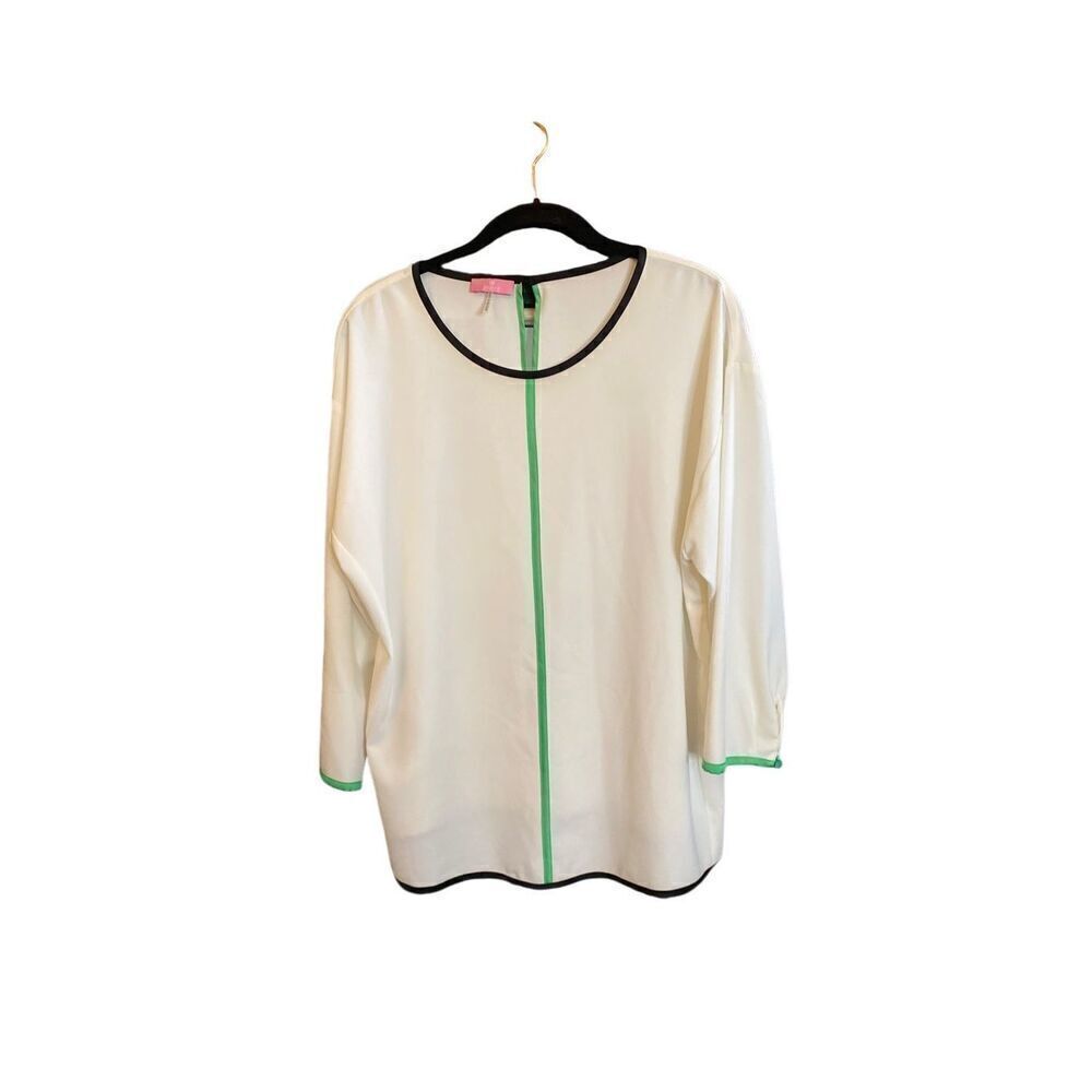 Basler women’s white blouse with green and black trim perfect size large